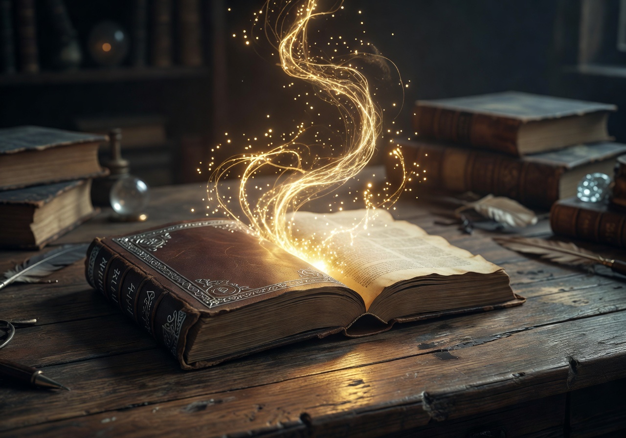 An open wizard spellbook on a wooden desk with golden magical energy floating from the pages in bright bursts