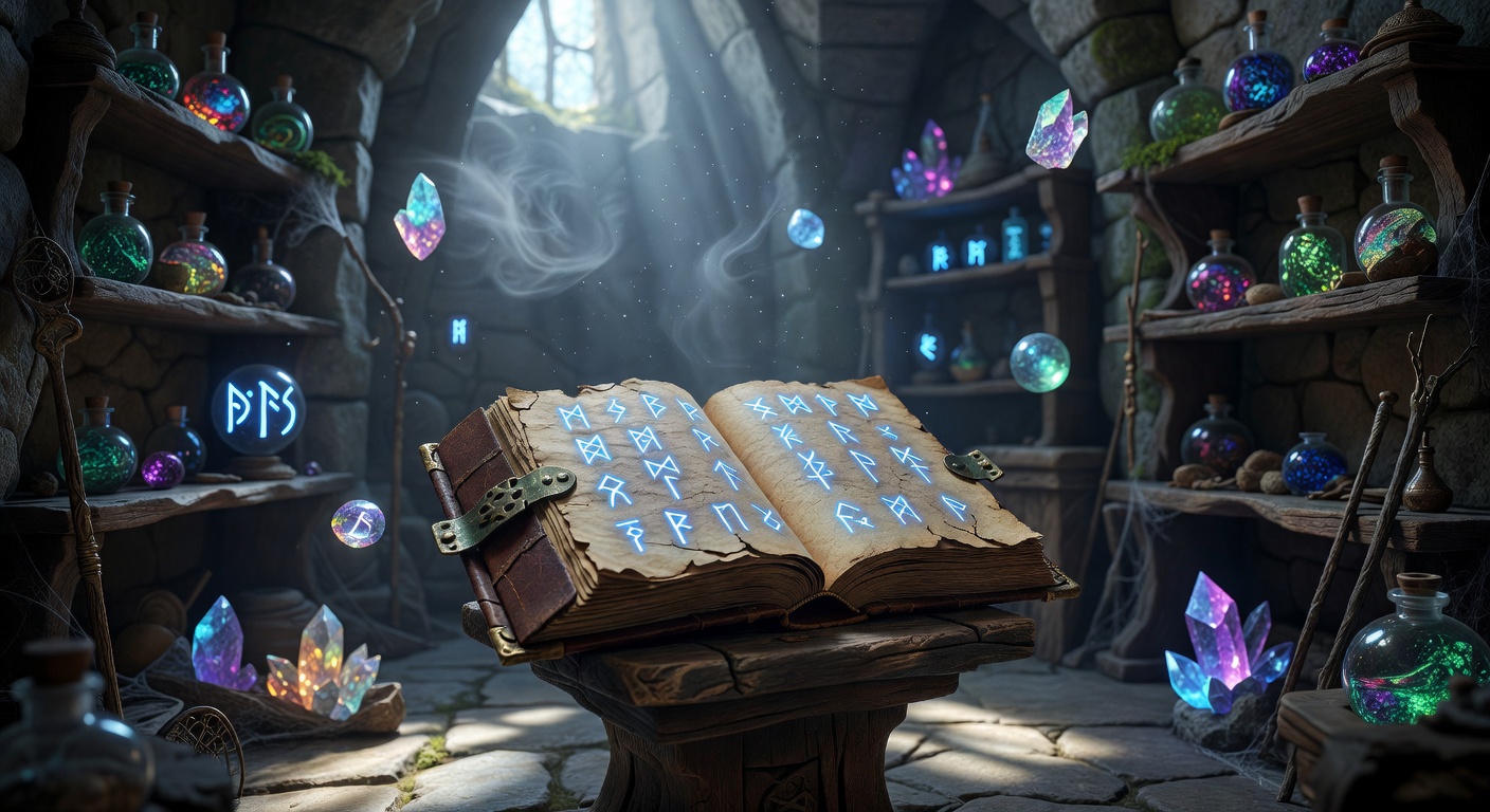 Ancient Enchanted Spellbook with Glowing Runes inside Magic Room