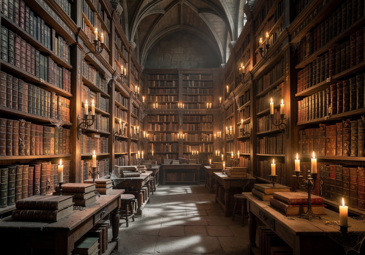Candle-lit wizard archive hall with thousands of dusty ancient magic books in rows