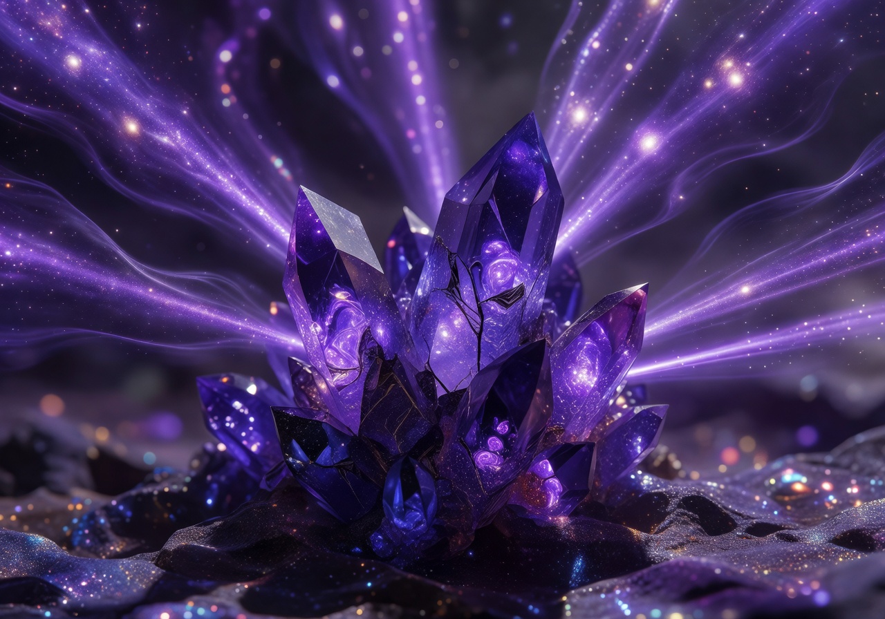 Close up of glowing fantasy crystals emitting deep violet cosmic rays across the ancient stone floor