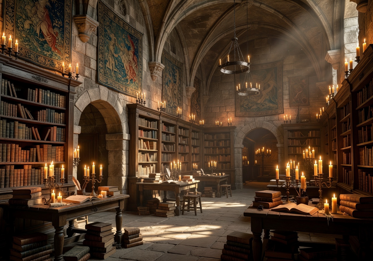 High-quality fantasy setting with ancient castle library and warm candle light reflecting on wooden floors