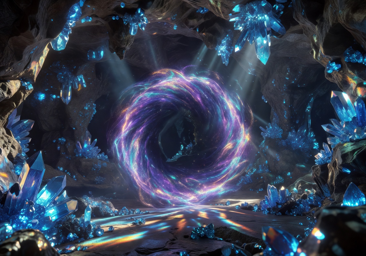 Mystical glowing cosmic portal in a deep cavern filled with shiny blue crystals illuminating the darkness